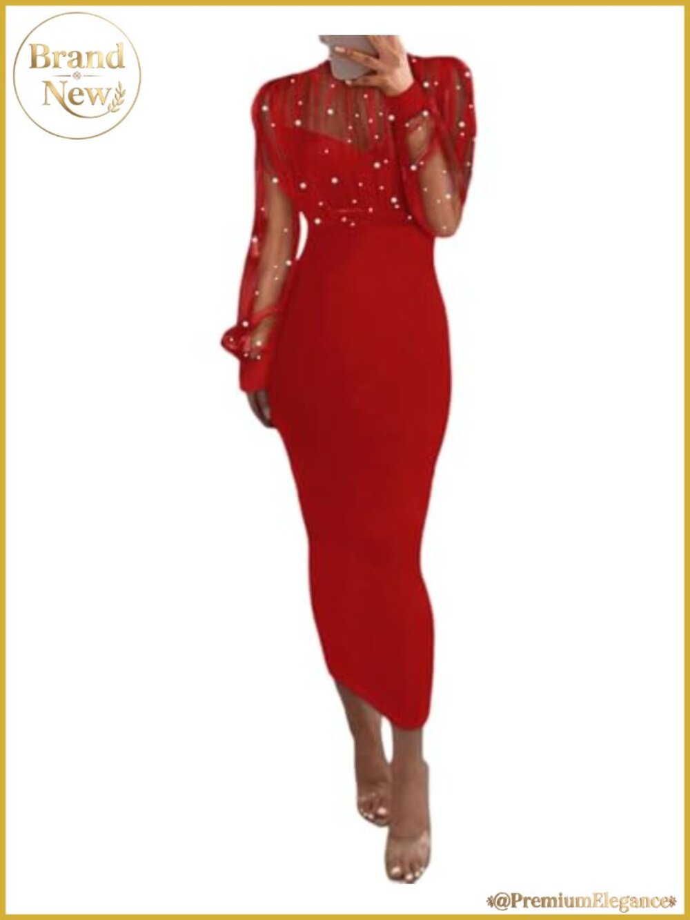 Sexy Bodycon Midi Dress Mock Neck Long Sleeve Sheer Beaded Club Party